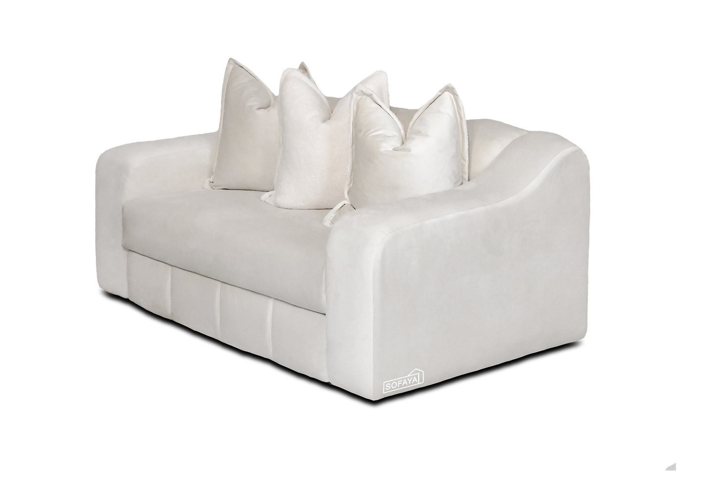 Bella 2 Seater Sofa Diagonal in Cream Velvet contrasting teddy scatter cushions