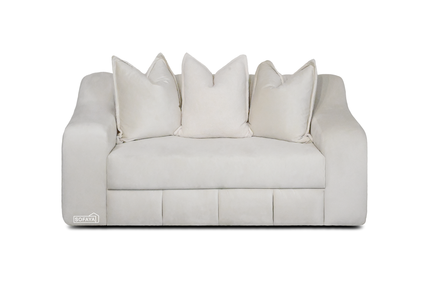 Bella 2 Seater Sofa Straight in Cream Velvet contrasting teddy scatter cushions