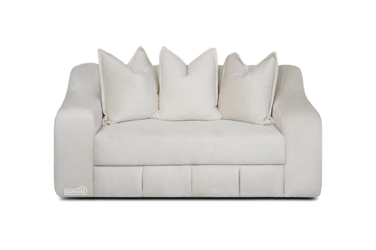 Bella 2 Seater Sofa Straight in Cream Velvet contrasting teddy scatter cushions